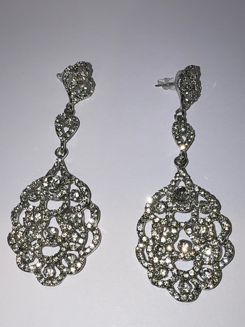 NWT Silver Crystal Rhinestone Filigree Chandelier Earrings Bridal Prom